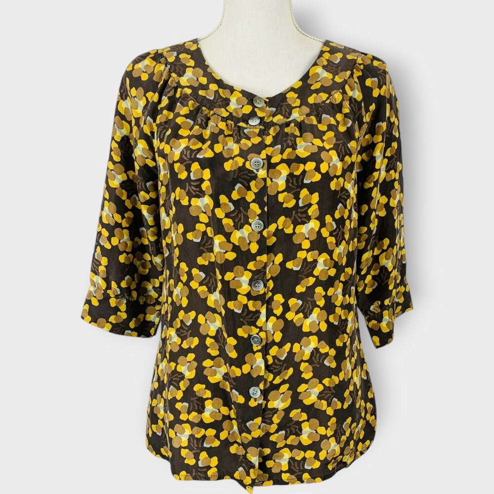 J. Jill 100% Silk Blouse 3/4 Sleeve Fall Button Down Brown Size Small Petite